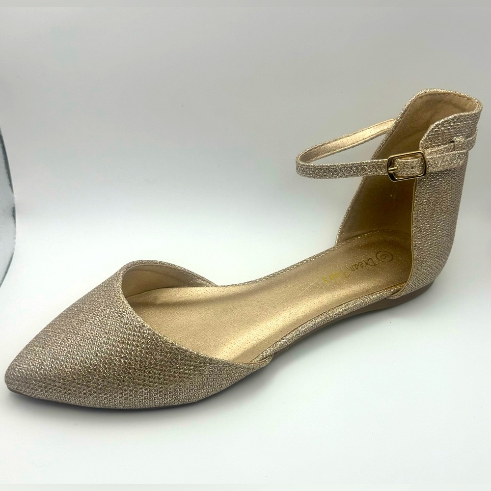 DREAM PAIRS Gold Glitter D'Orsay Pointed Ballet Flats w/ Ankle Strap W Size 6